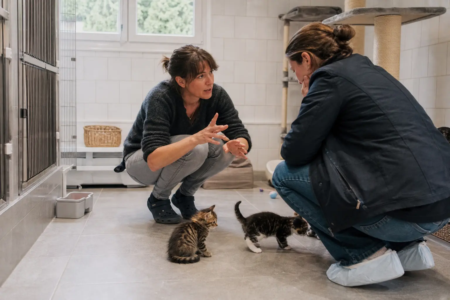 Une éleveuse accroupie dans une chatterie lumineuse explique quelque chose à un visiteur pendant que des chatons jouent