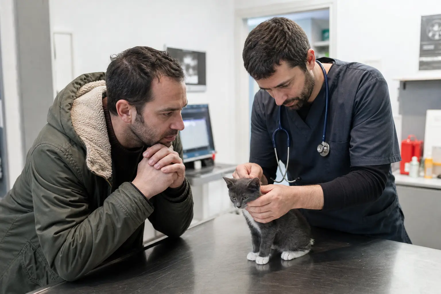 Un homme inquiet consulte un vétérinaire qui examine un chaton récemment adopté