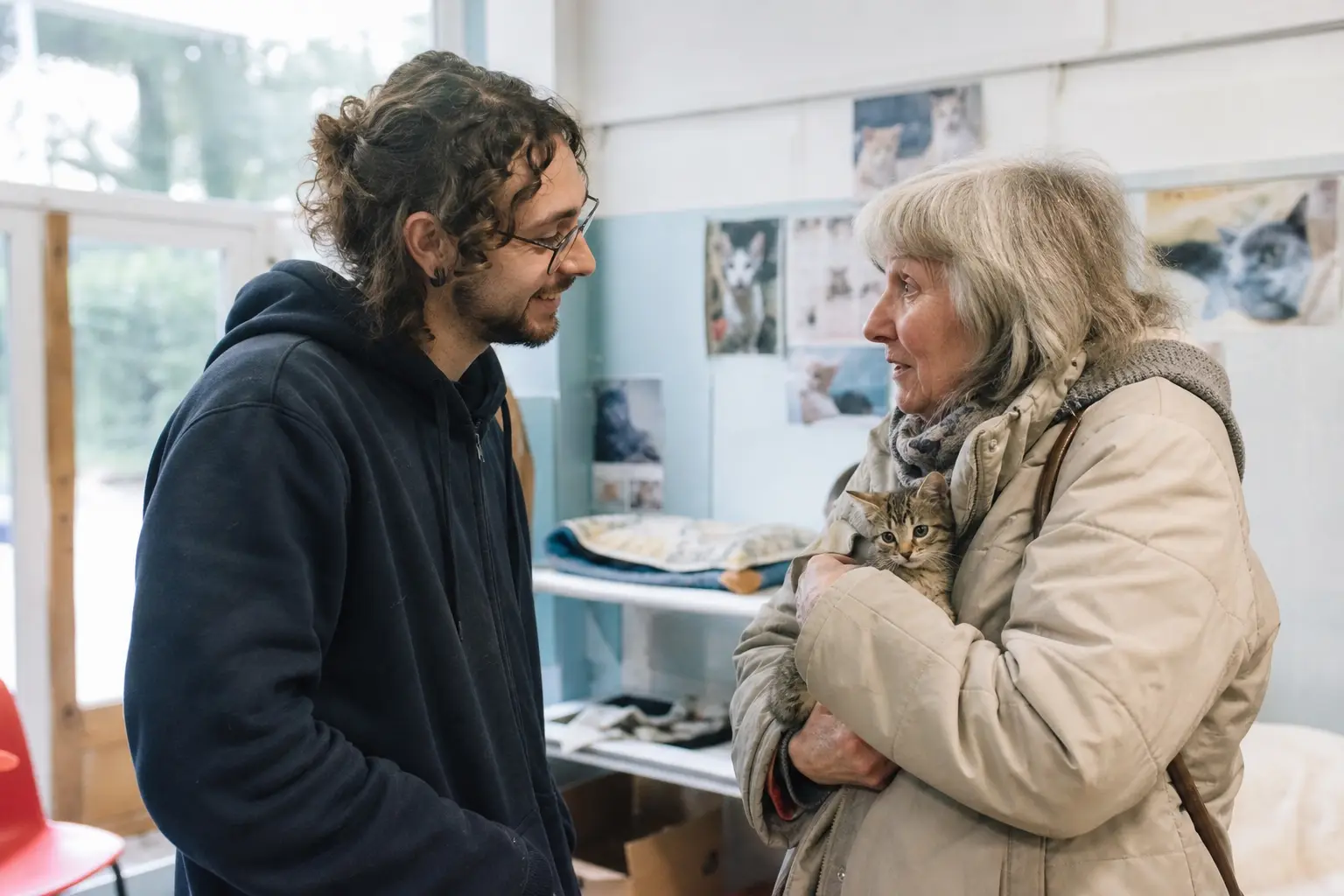 Un bénévole d'une association de protection animale accueille une personne âgée et son chaton dans un local associatif