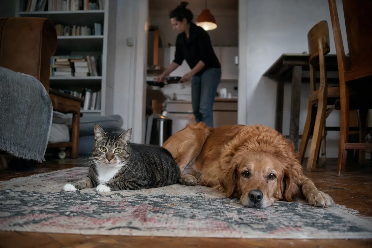 Un chat et un chien de taille moyenne couchés côte à côte sur le tapis d'un salon familial
