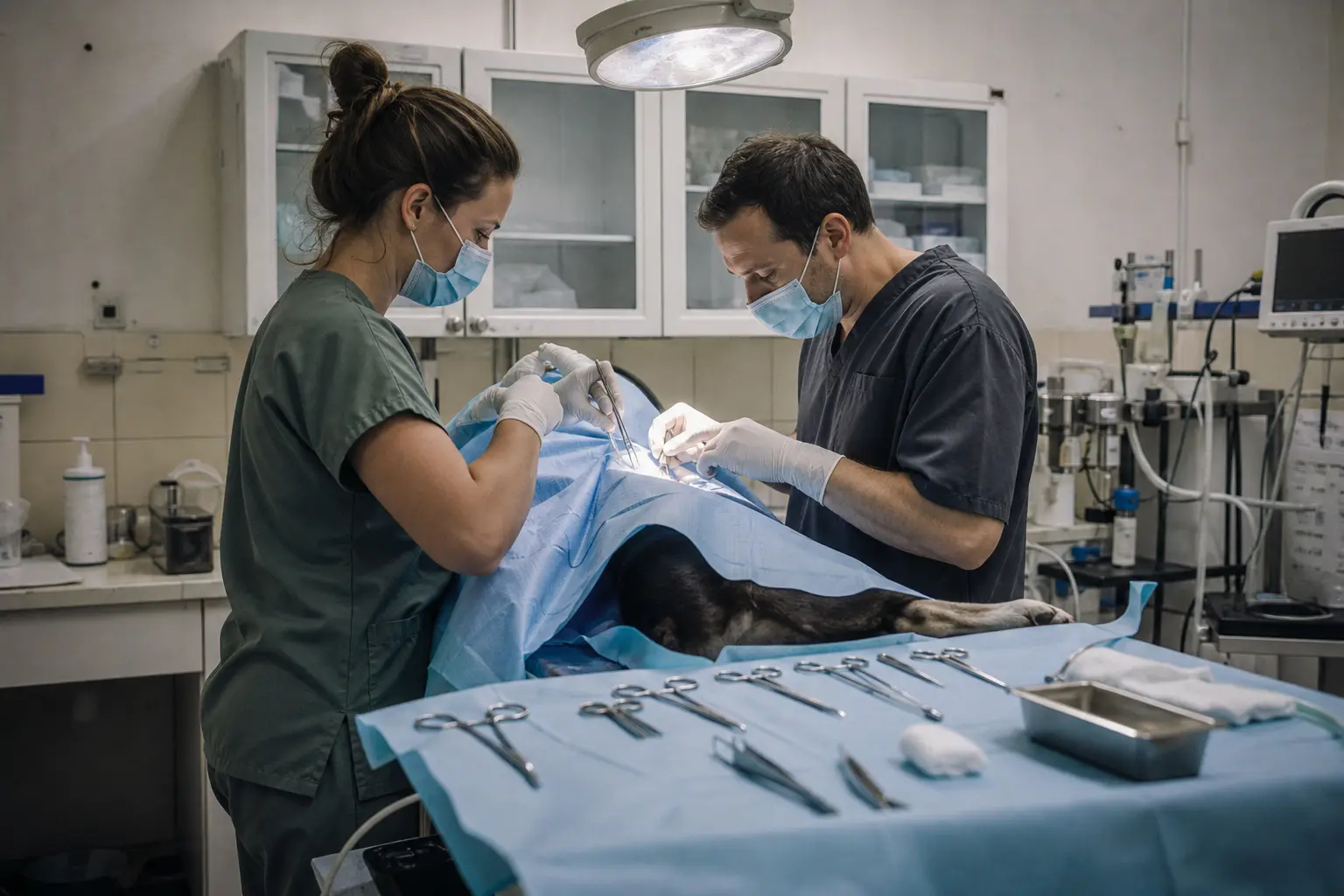 Deux soignants concentrés dans un bloc opératoire vétérinaire