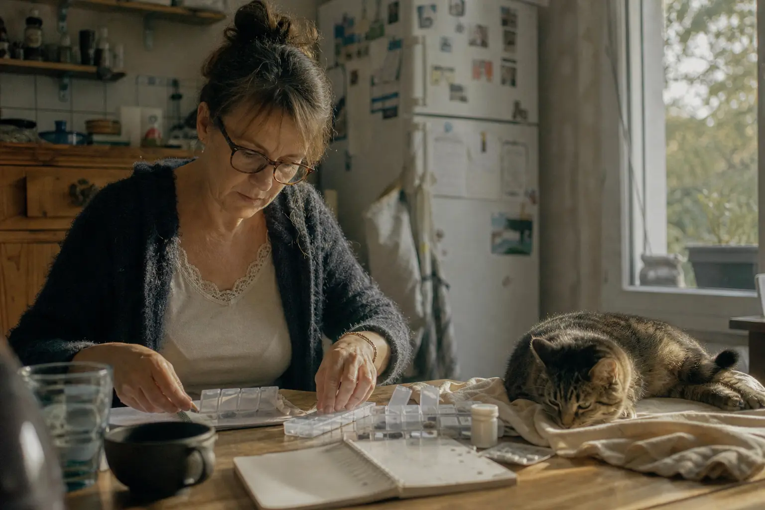 Une femme organise des piluliers et un carnet de suivi sur une table de cuisine, un chat âgé à côté