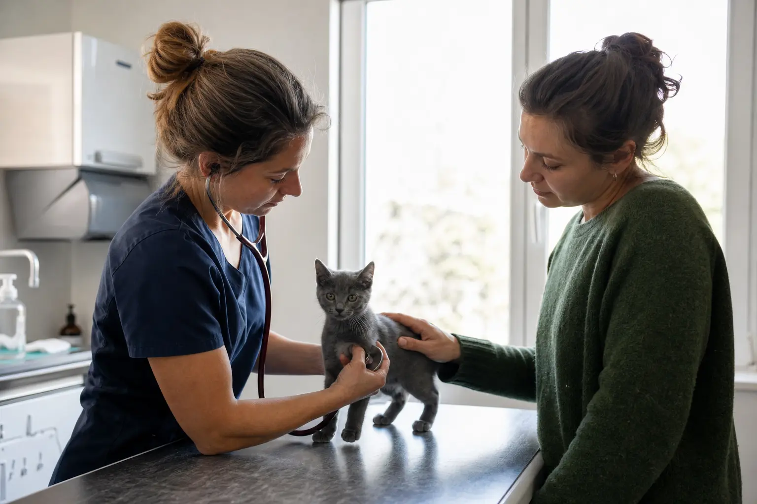 Une vétérinaire ausculte un chaton au stéthoscope pendant que sa propriétaire le rassure