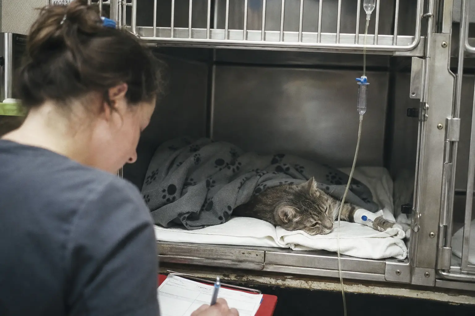Un chat perfusé au repos dans une cage d'hospitalisation vétérinaire, une infirmière contrôle le débit