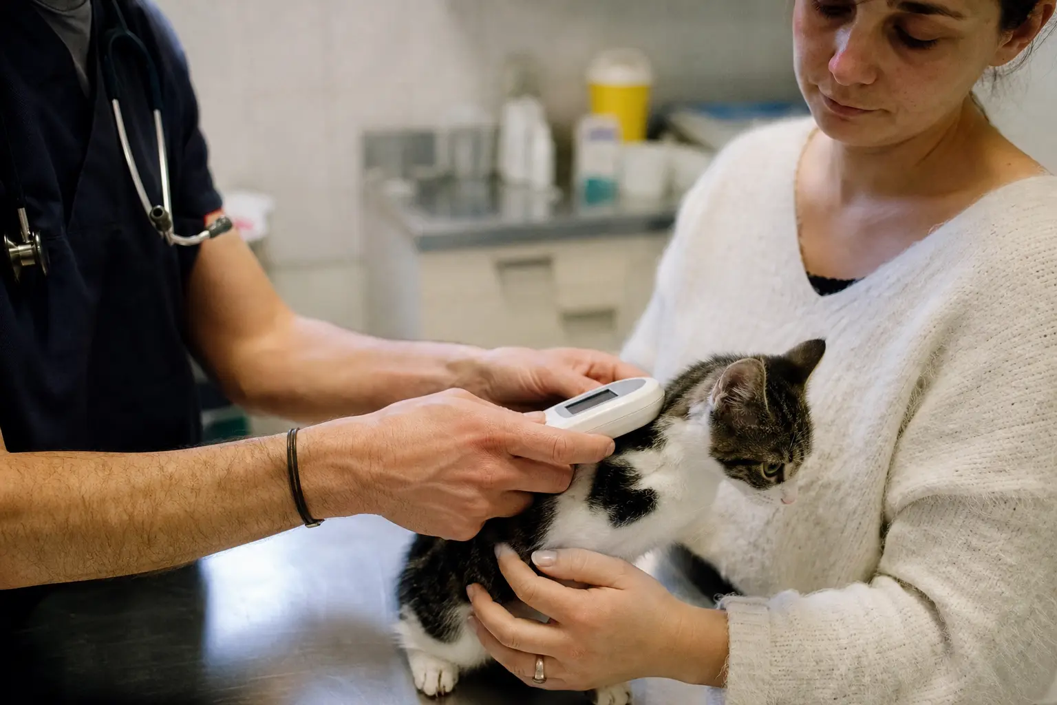 Un vétérinaire passe un lecteur de puce électronique sur la nuque d'un chaton tenu par sa propriétaire