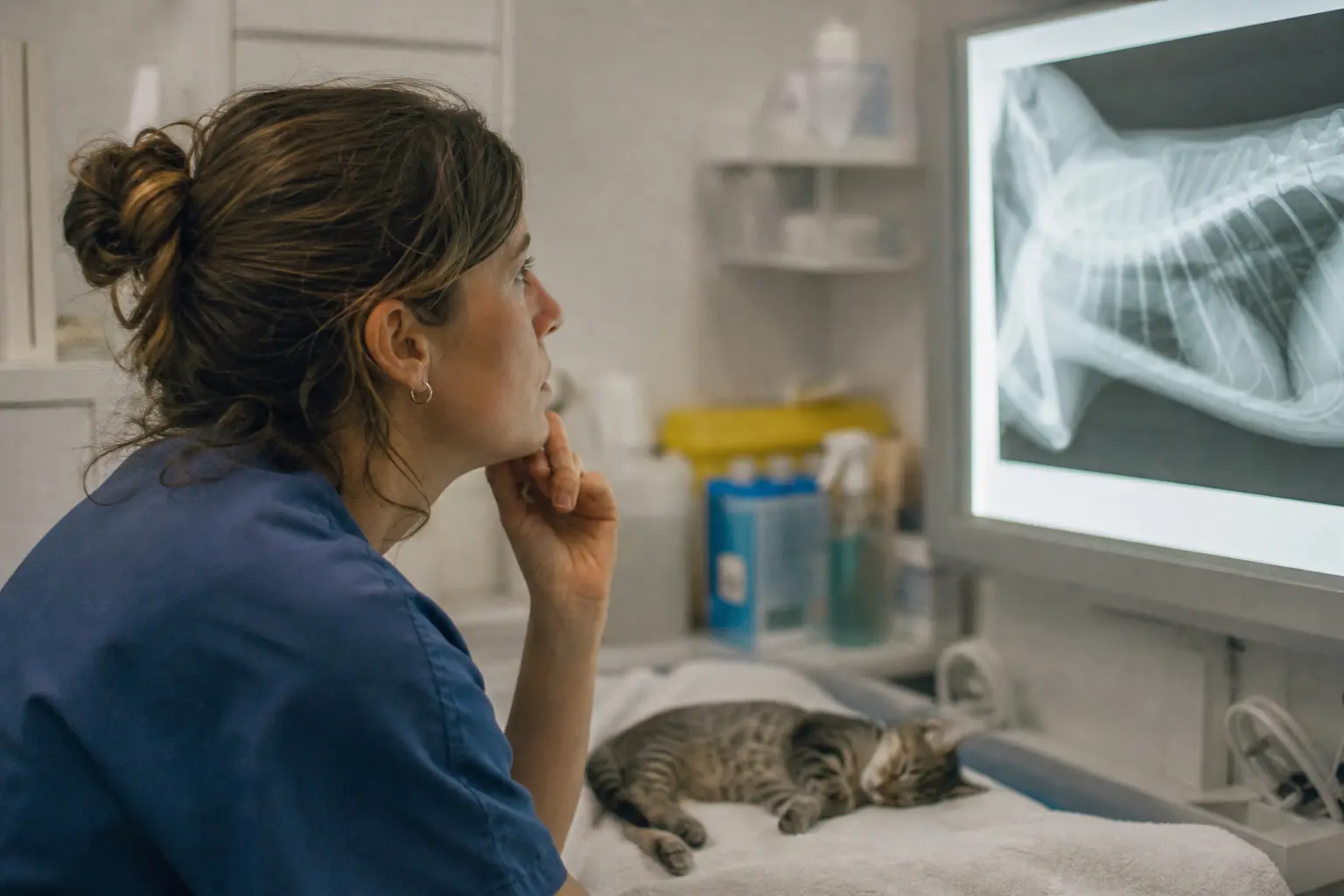 Une vétérinaire observe une radiographie sur un écran lumineux