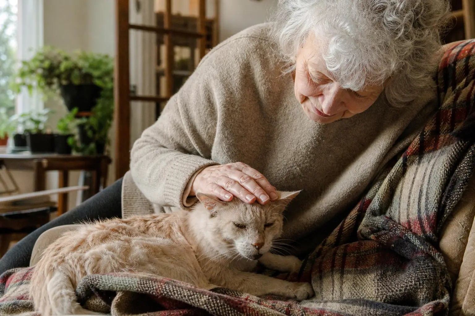 Un chat âgé au poil clairsemé couché sur un plaid pendant qu'une femme âgée lui caresse la tête