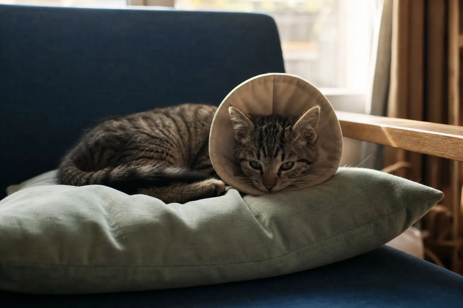 Un chaton portant une collerette souple couché sur un coussin dans un salon