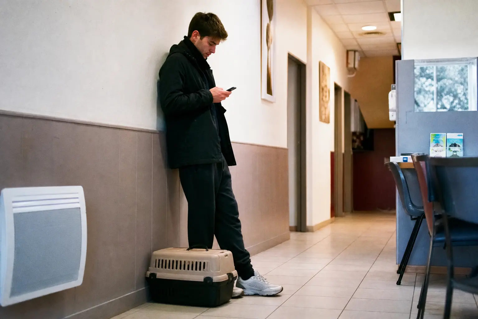 Un jeune homme consulte son téléphone dans le couloir d'une clinique vétérinaire, une caisse de transport à ses pieds