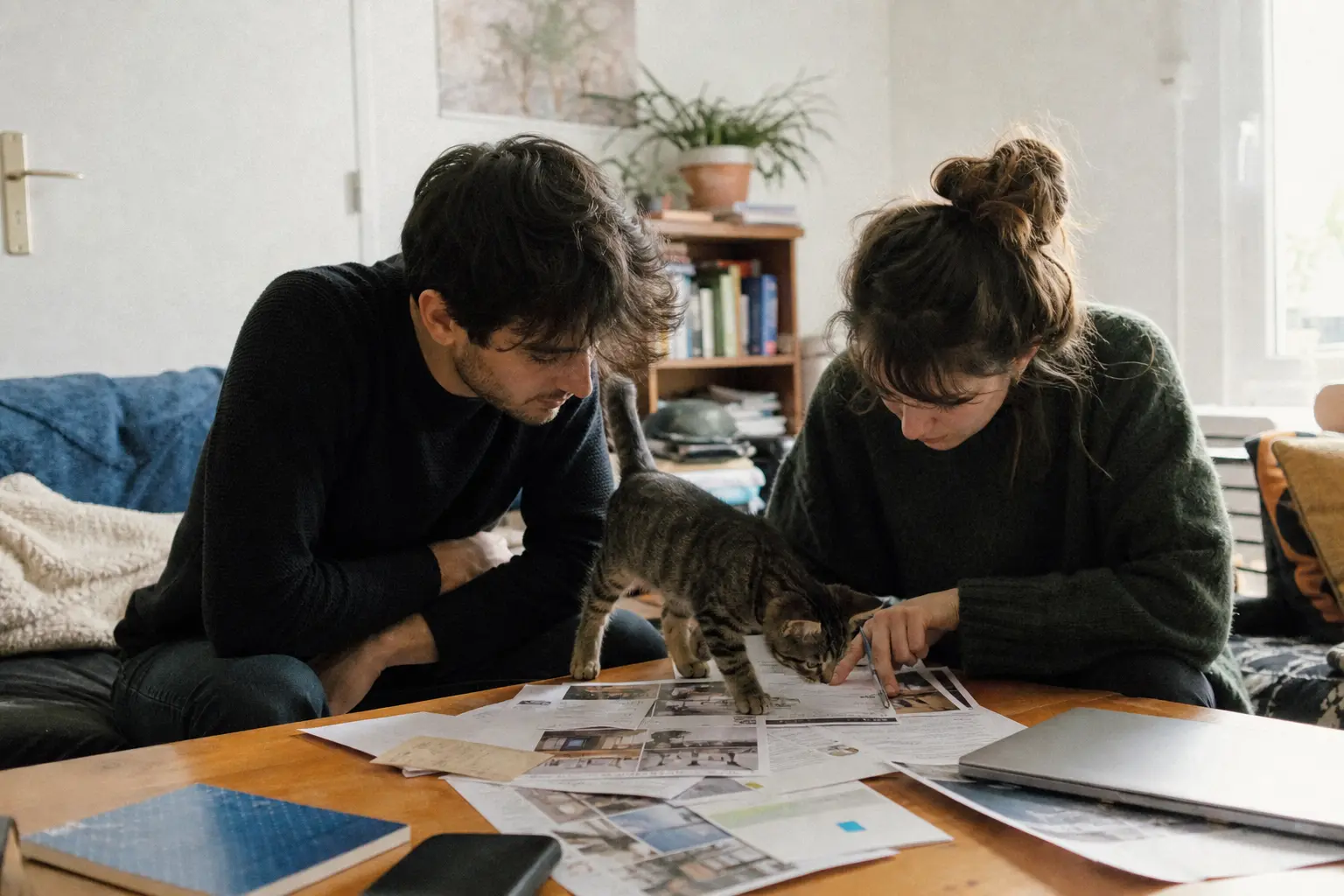 Deux personnes comparent des offres d'assurance sur la table du salon pendant qu'un chaton marche entre les documents