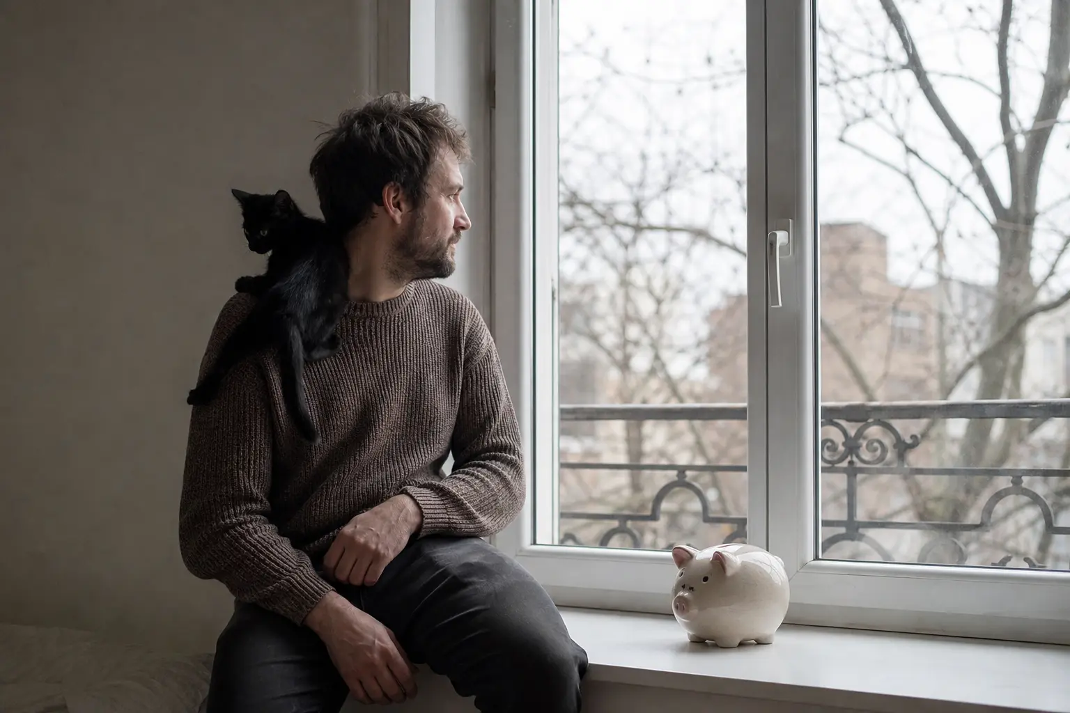 Un homme assis sur le rebord d'une fenêtre, une tirelire à côté de lui et un chaton noir sur l'épaule
