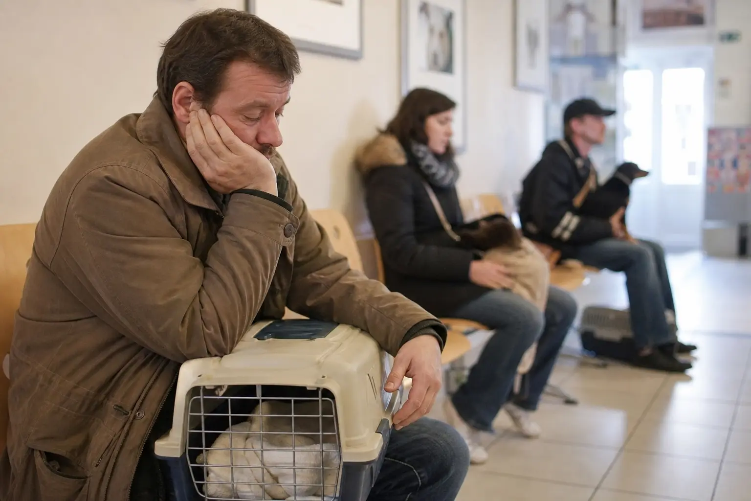 Un homme attend dans la salle d'attente d'une clinique vétérinaire avec une caisse de transport sur les genoux