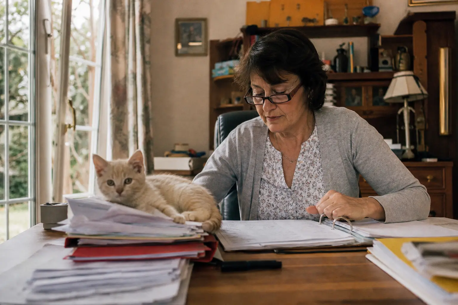 Une femme consulte un classeur de documents d'assurance, un chaton couché sur la pile de papiers