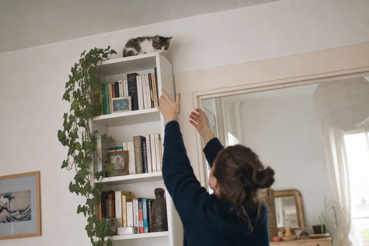 Un chaton perché en haut d'une bibliothèque pendant qu'une femme lève les bras vers lui