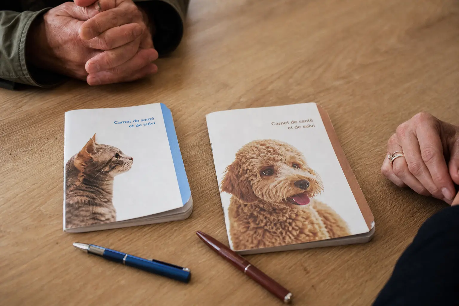 Une femme consulte des documents d'assurance à sa table pendant qu'un chat et un chien attendent à ses pieds