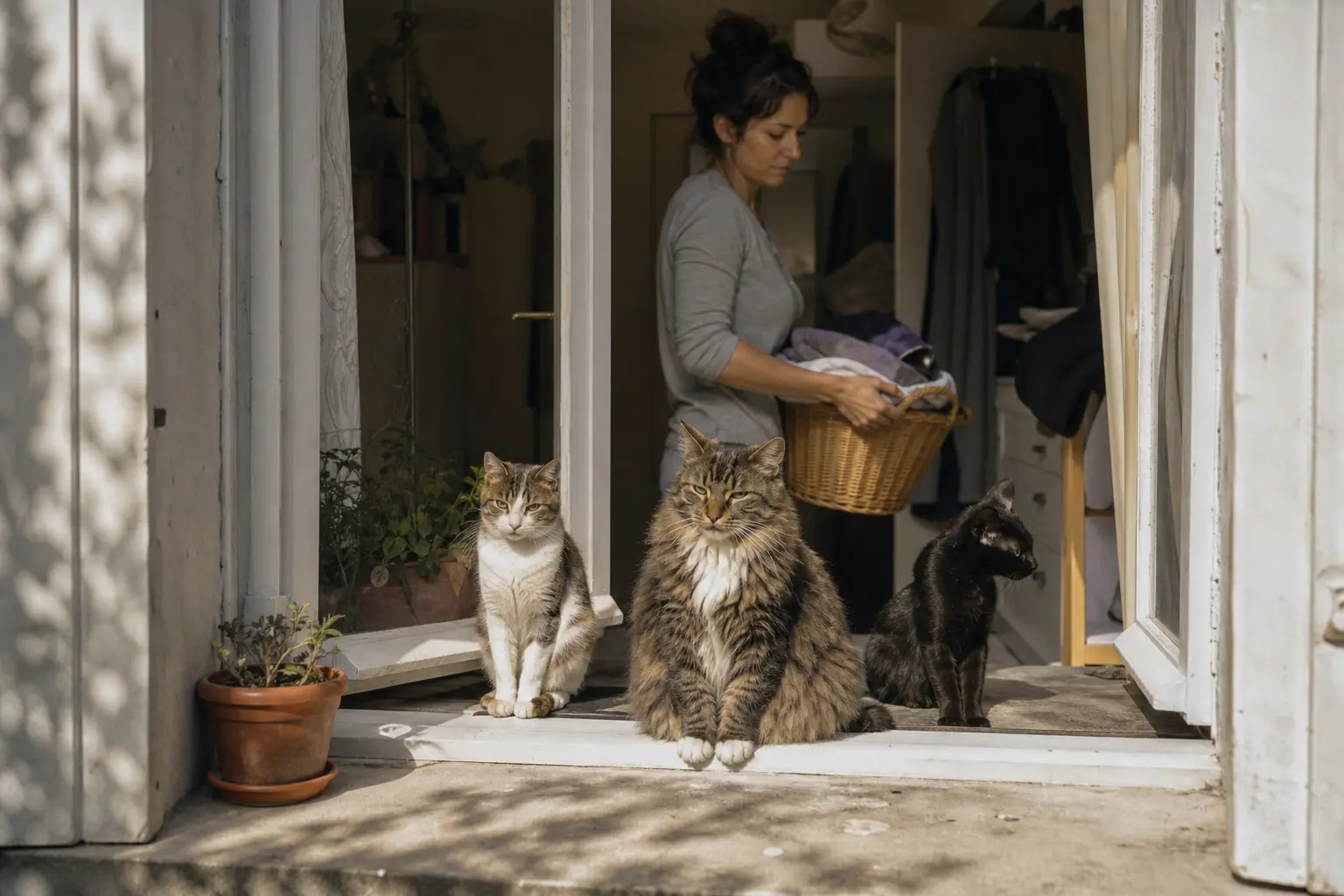 Trois chats partagent un rebord de fenêtre ensoleillé dans un appartement