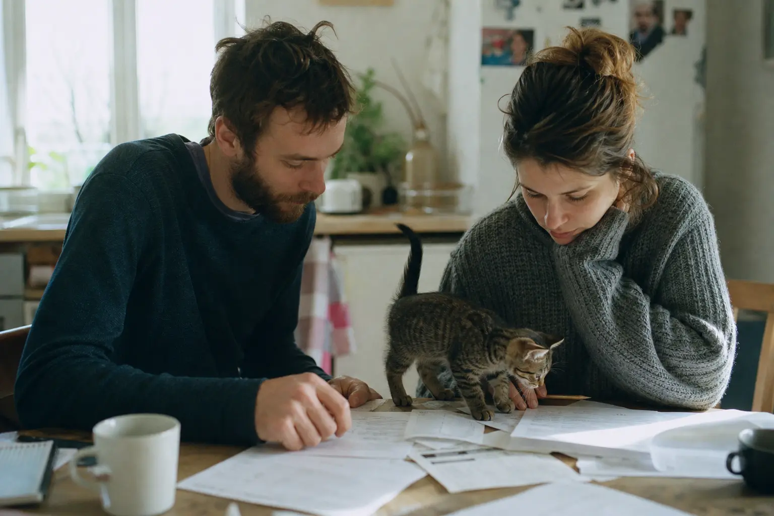 Un couple remplit ensemble un formulaire d'assurance à la table d'un salon, un chaton dort sur une chaise à côté