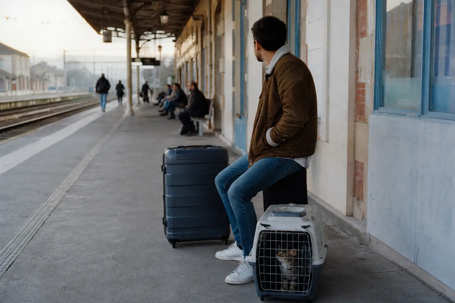 Un homme sur un quai de gare avec une caisse de transport à ses pieds