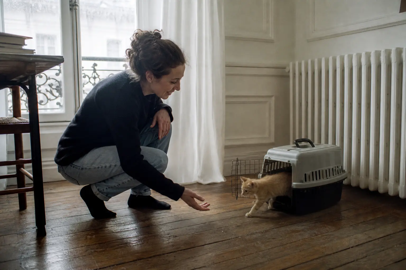 Une femme installe son chaton roux dans un panier de transport, dans un appartement lumineux
