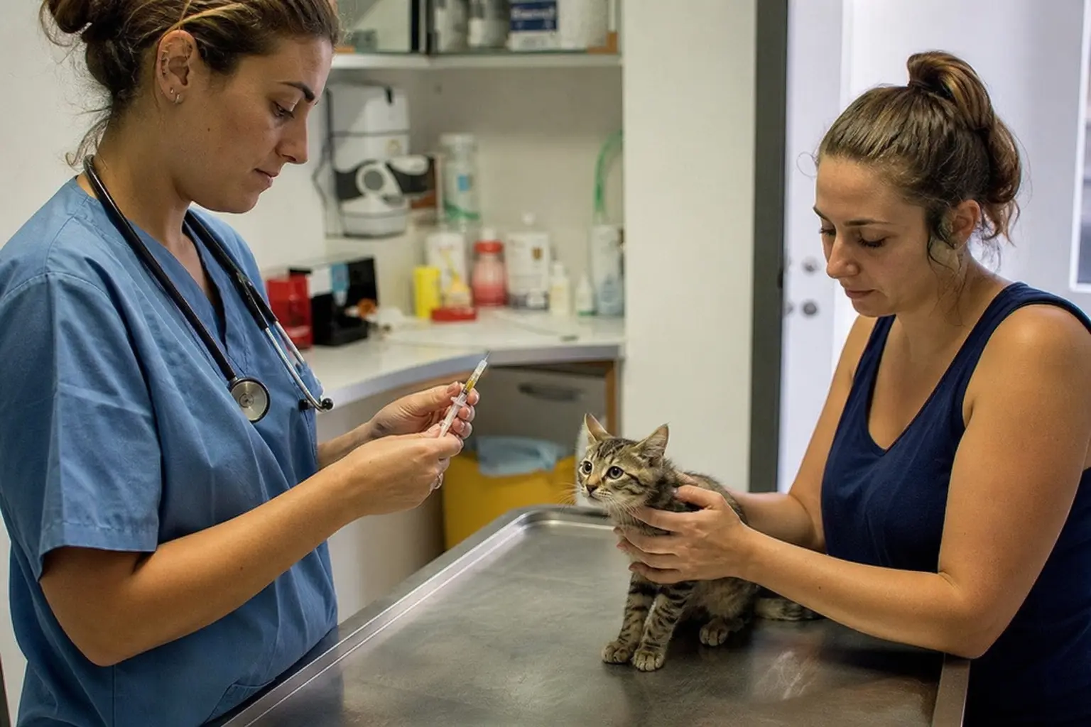 Une vétérinaire prépare un vaccin pendant qu'une propriétaire tient son chaton sur la table d'examen