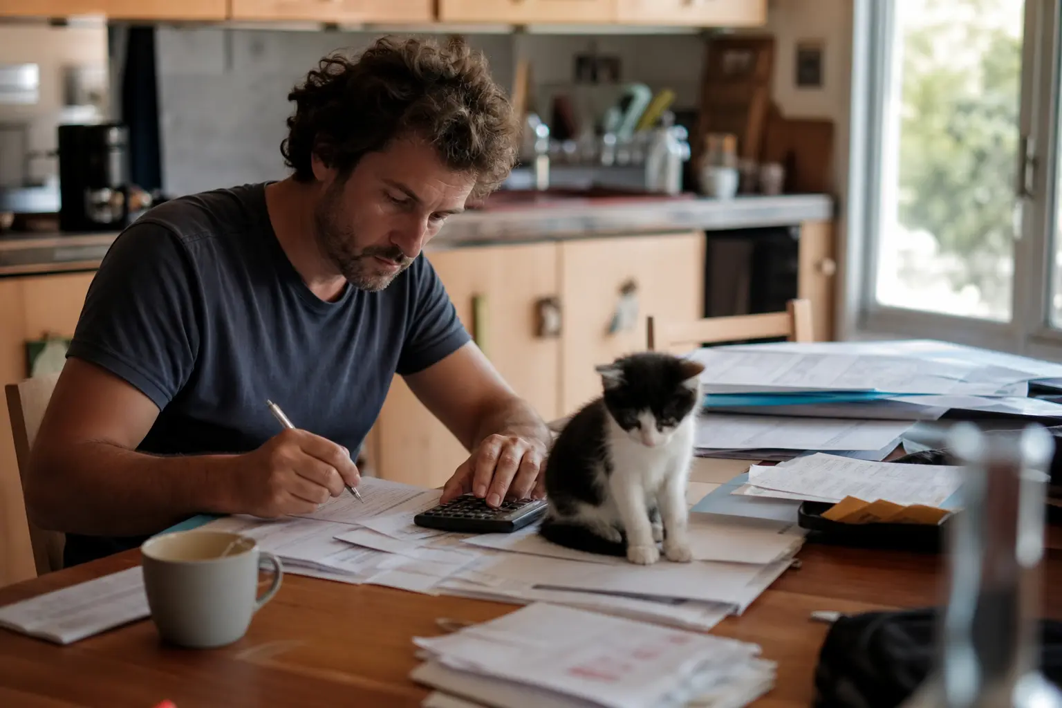 Un homme calcule le budget vétérinaire de son chaton à la table de sa cuisine