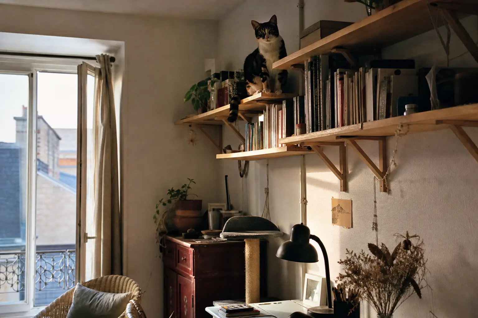 Un chat perché sur une étagère murale parmi des livres dans un petit appartement