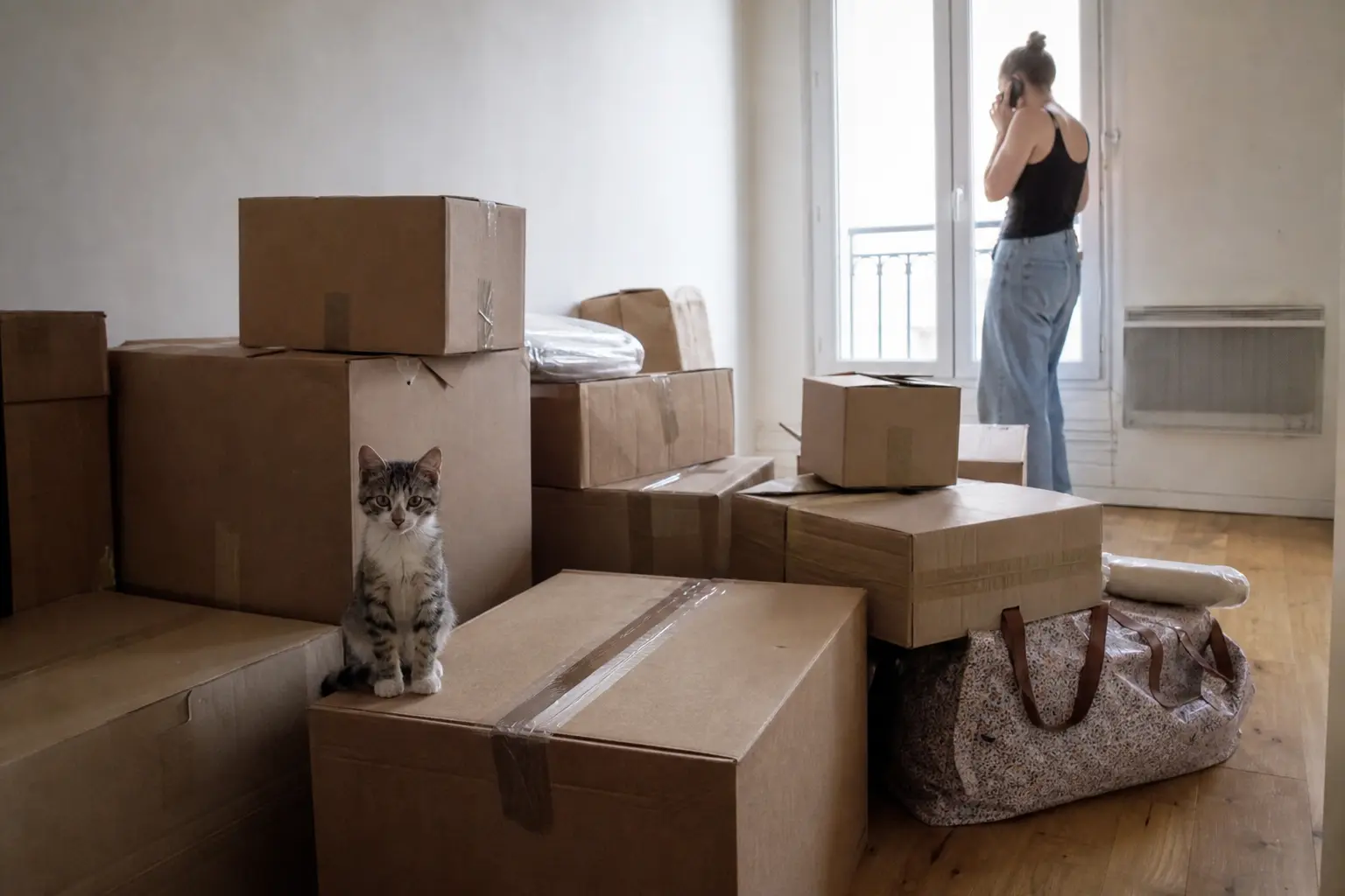 Des cartons empilés dans un appartement vide, un chaton assis sur l'un d'eux
