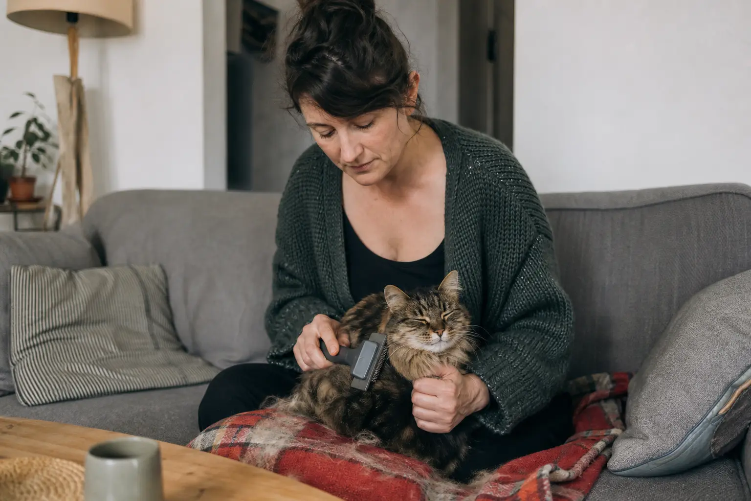 Une femme brosse doucement un chat à poil mi-long assis sur ses genoux