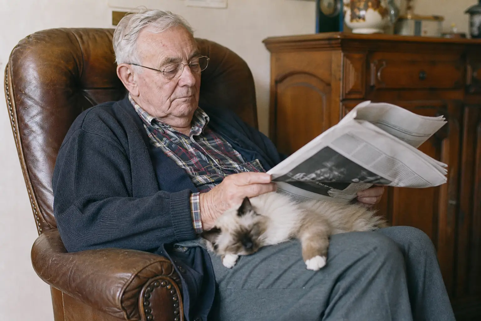 Un chaton endormi sur les genoux d'un homme âgé lisant un journal