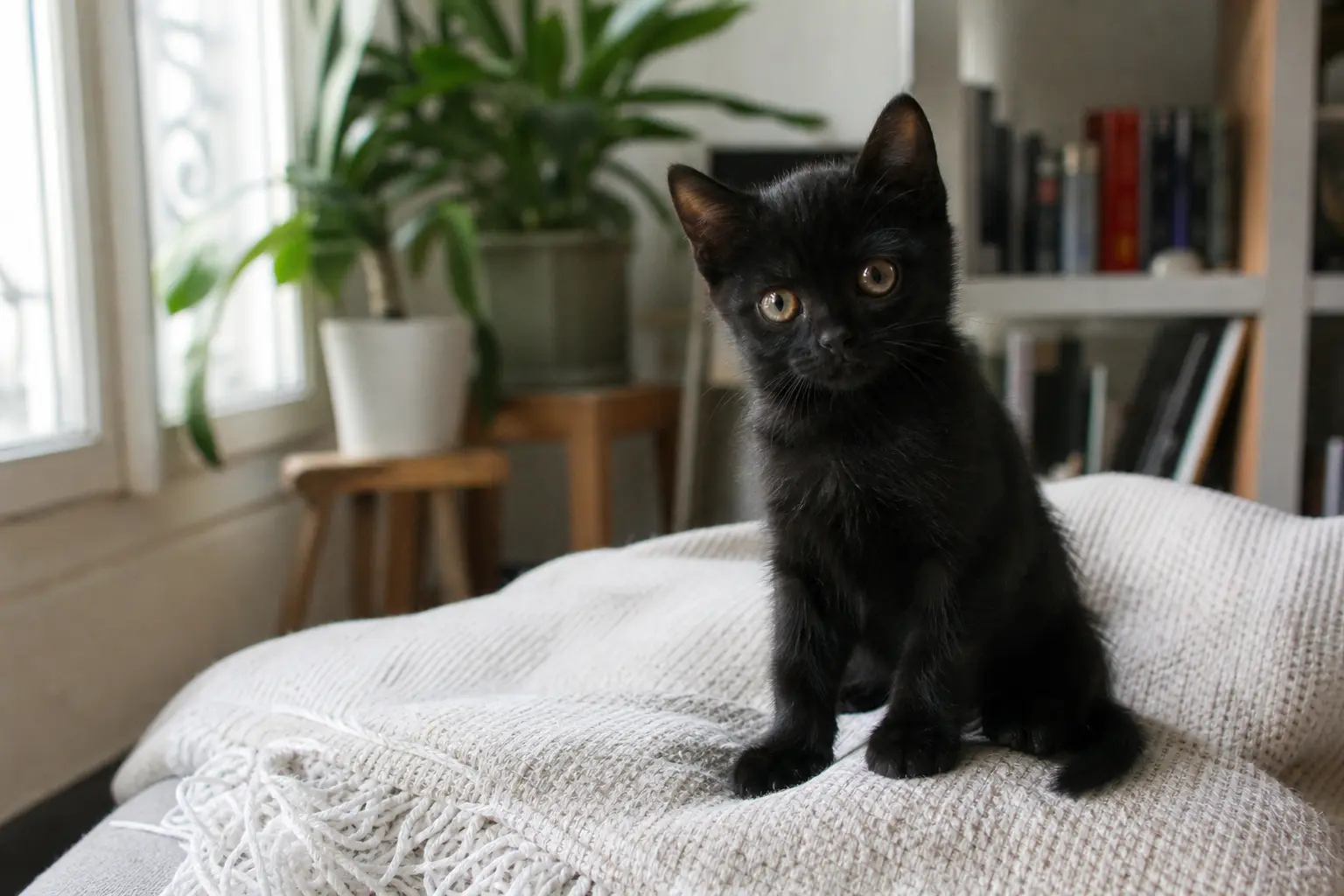 Un chaton Bombay noir aux yeux cuivrés assis sur un plaid clair