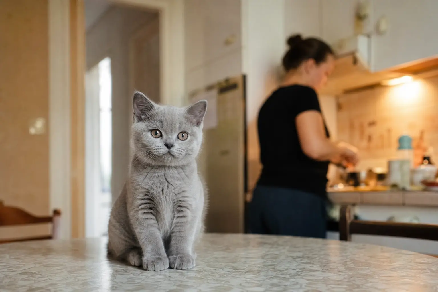 Un chaton British Shorthair gris bleu au visage rond assis sur une table de cuisine