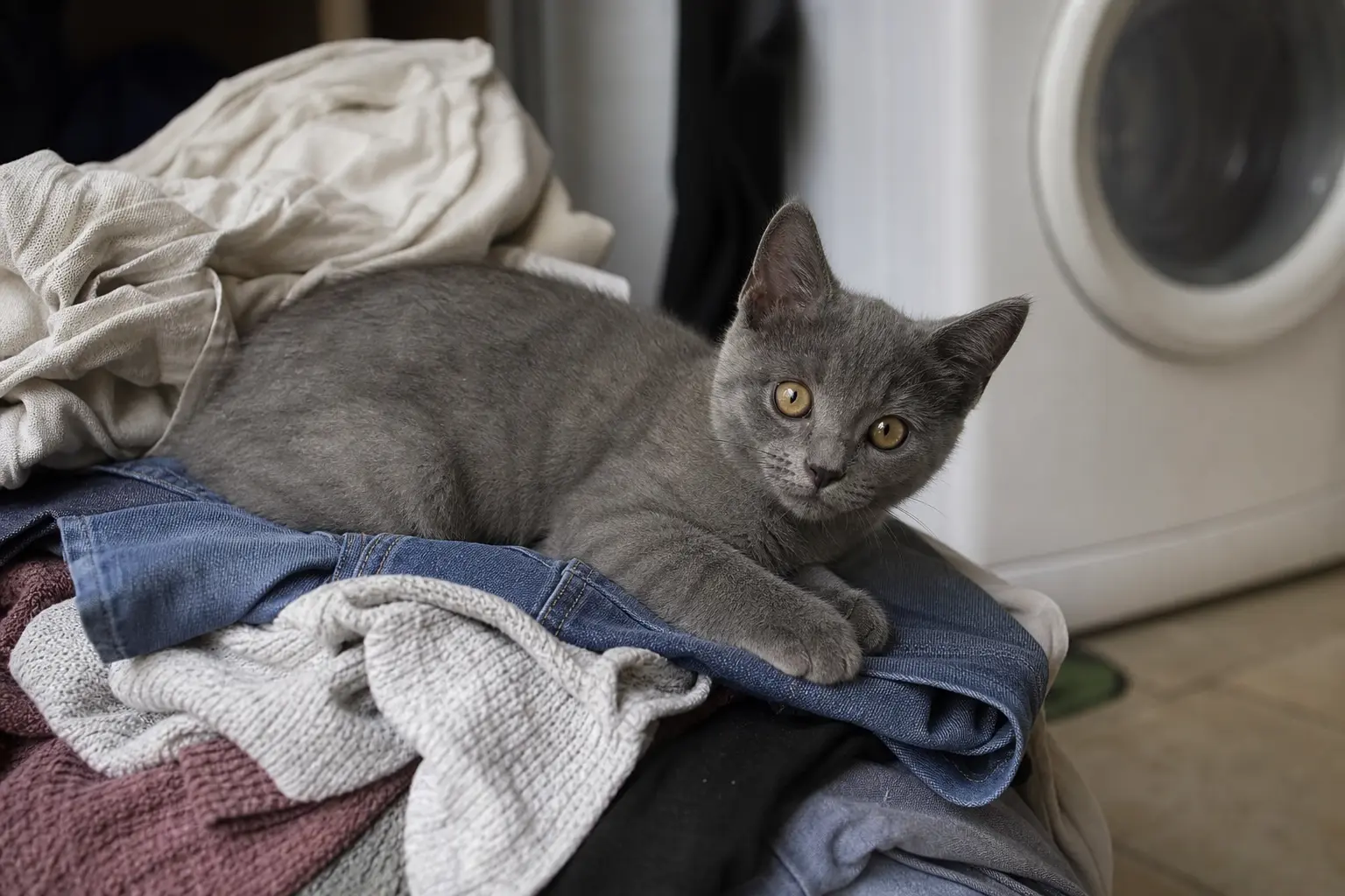 Un chaton Chartreux couché sur une pile de linge propre dans une buanderie