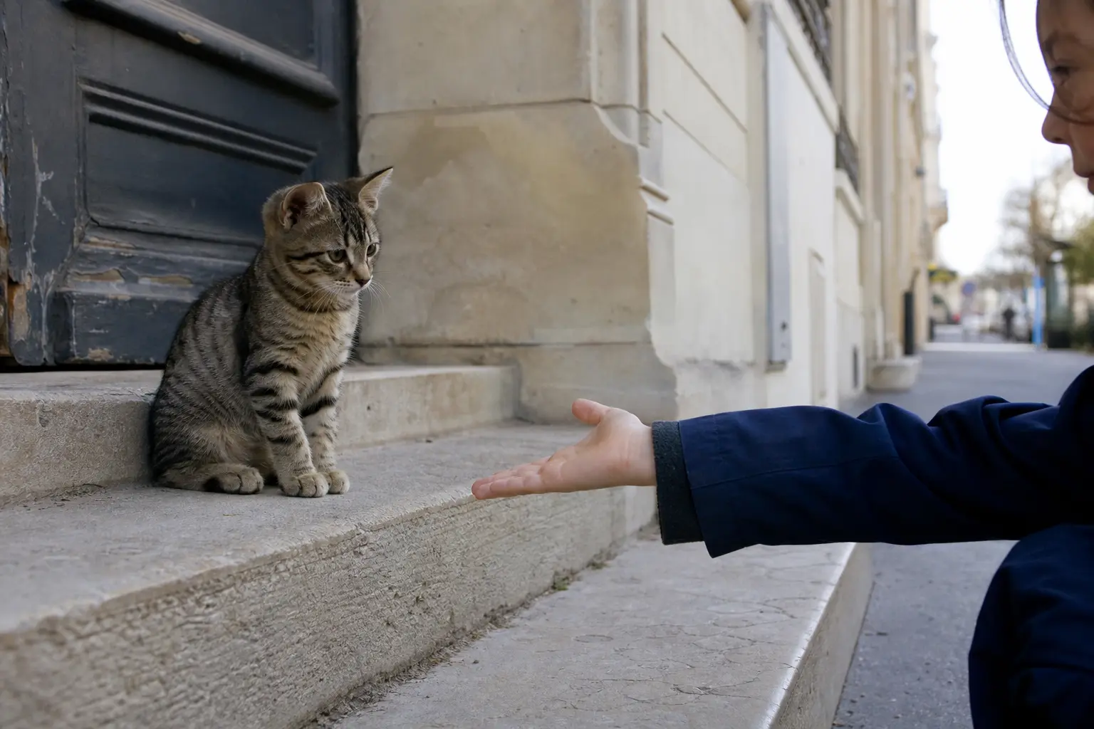 Un chaton tigré assis sur les marches d'un immeuble, une main d'enfant tendue vers lui