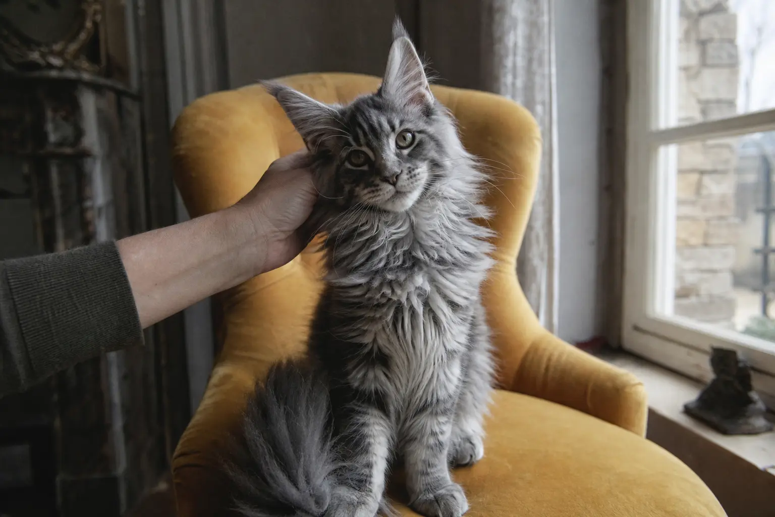 Un chaton Maine Coon de quatre mois au poil épais assis sur un fauteuil près d'une fenêtre