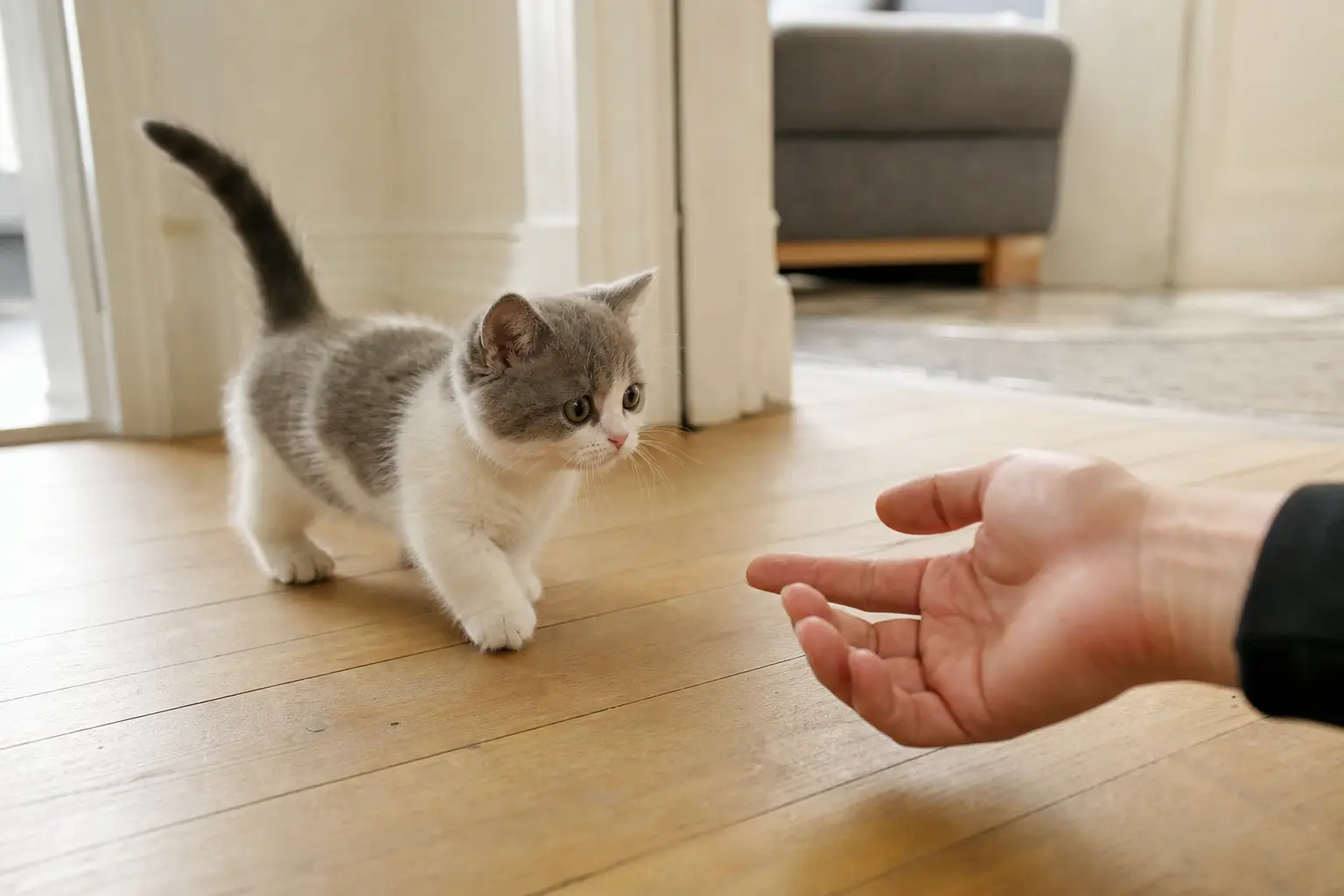 Chaton munchkin aux pattes courtes assis sur un parquet clair, lumière naturelle de fenêtre