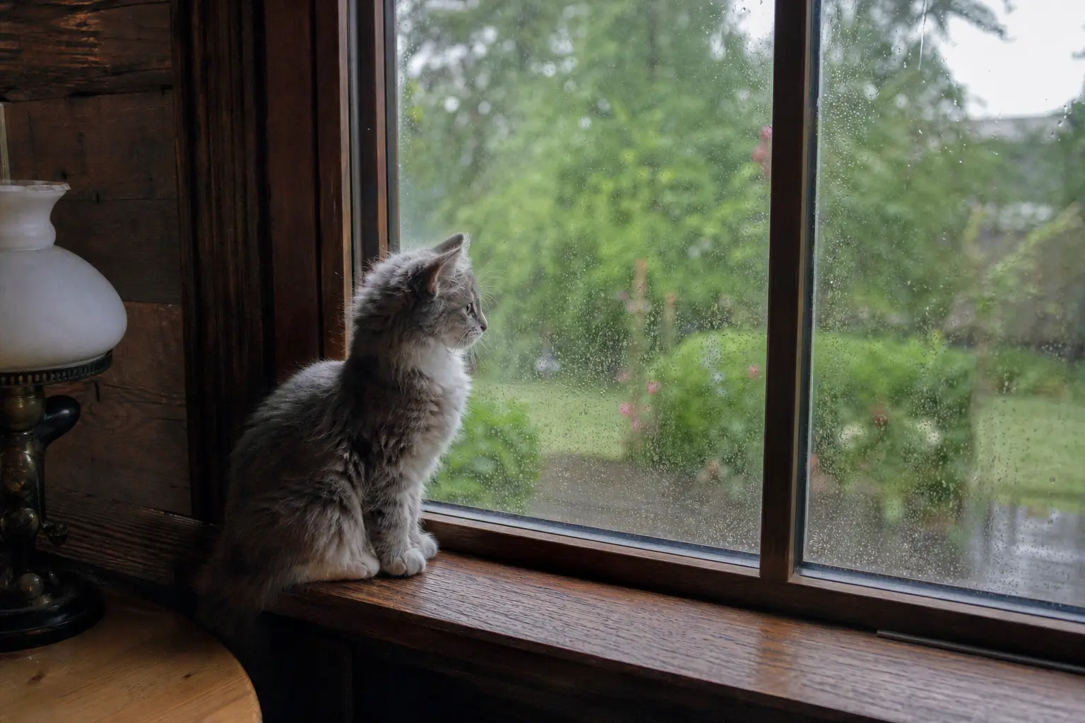 Un chaton Norvégien au poil dense assis sur le rebord d'une fenêtre embuée