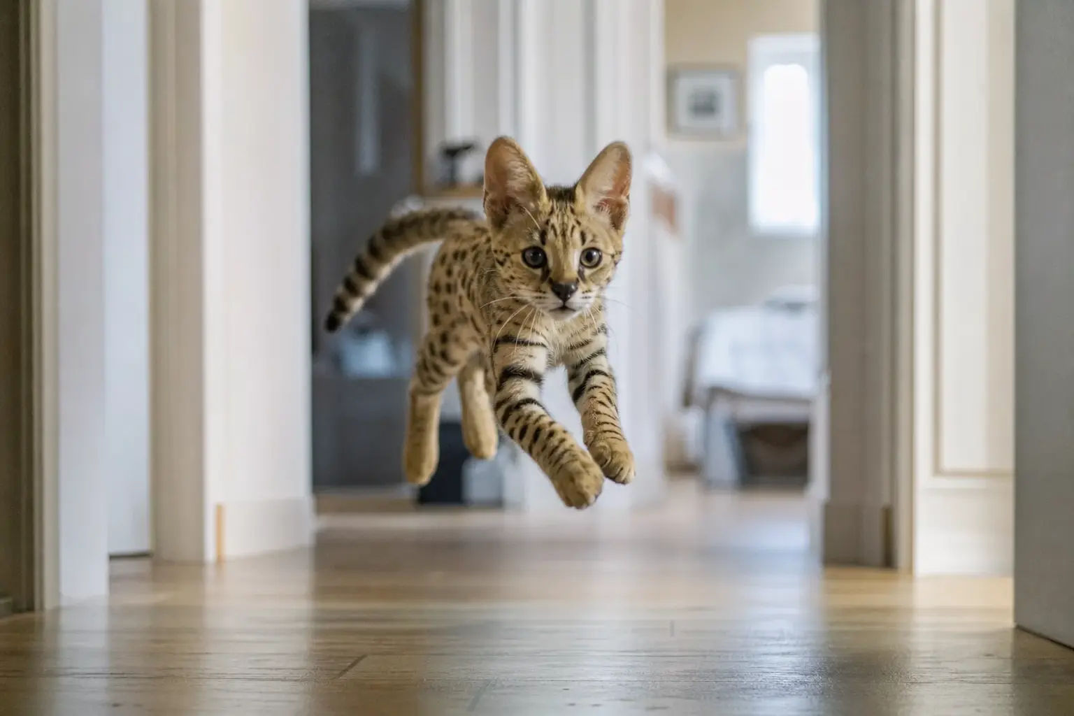 Un chaton Savannah aux longues pattes en train de bondir dans un couloir