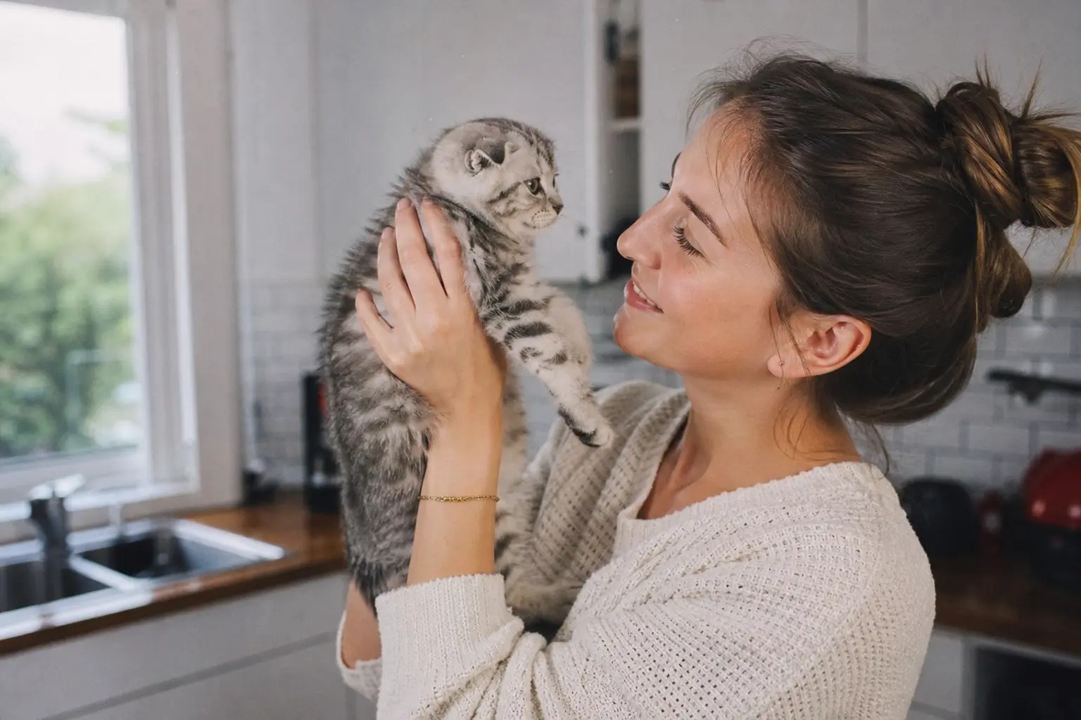 Un chaton Scottish Fold aux oreilles repliées tenu à hauteur de visage par une jeune femme souriante