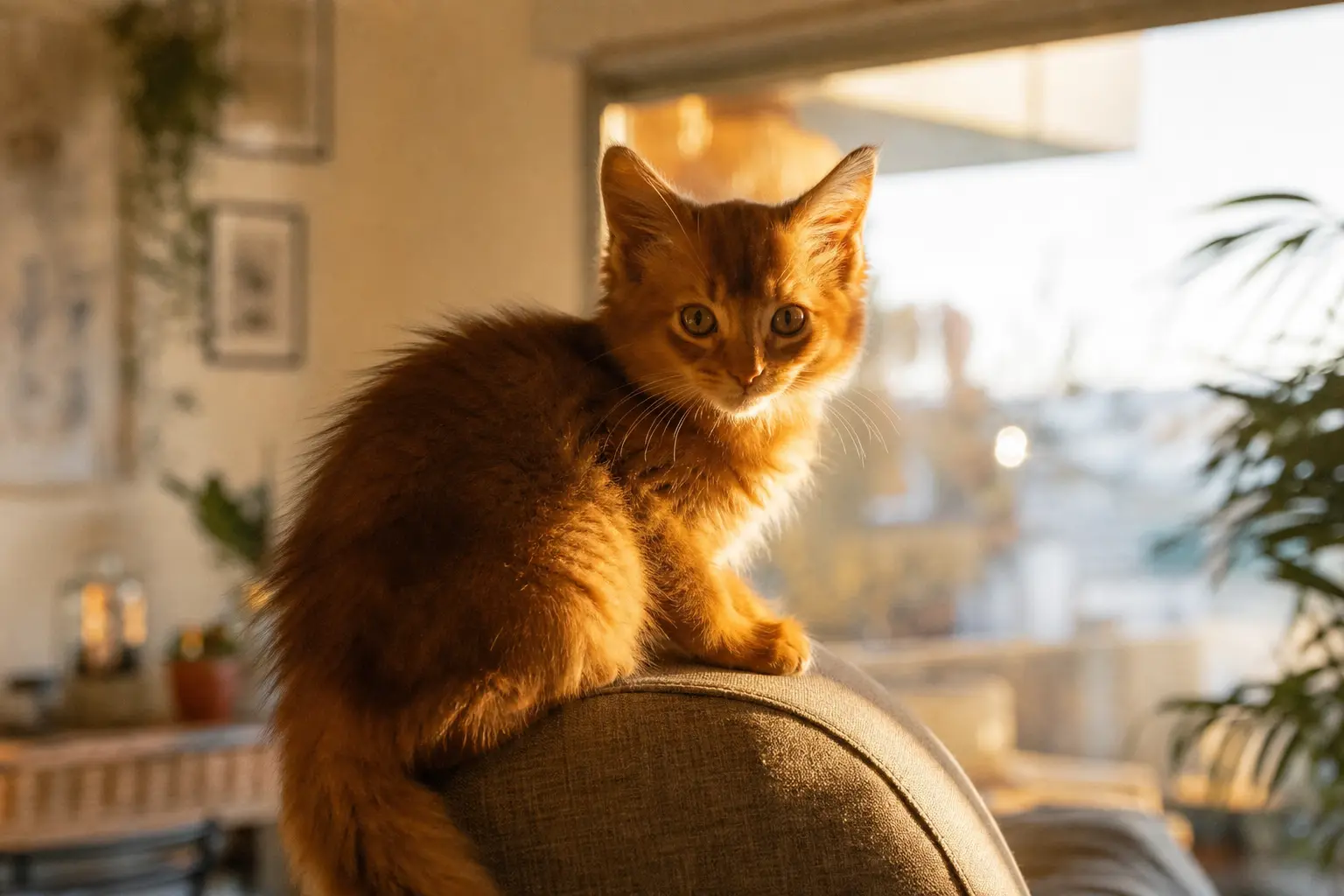 Un chaton Somali au poil roux mi-long perché sur le dossier d'un fauteuil