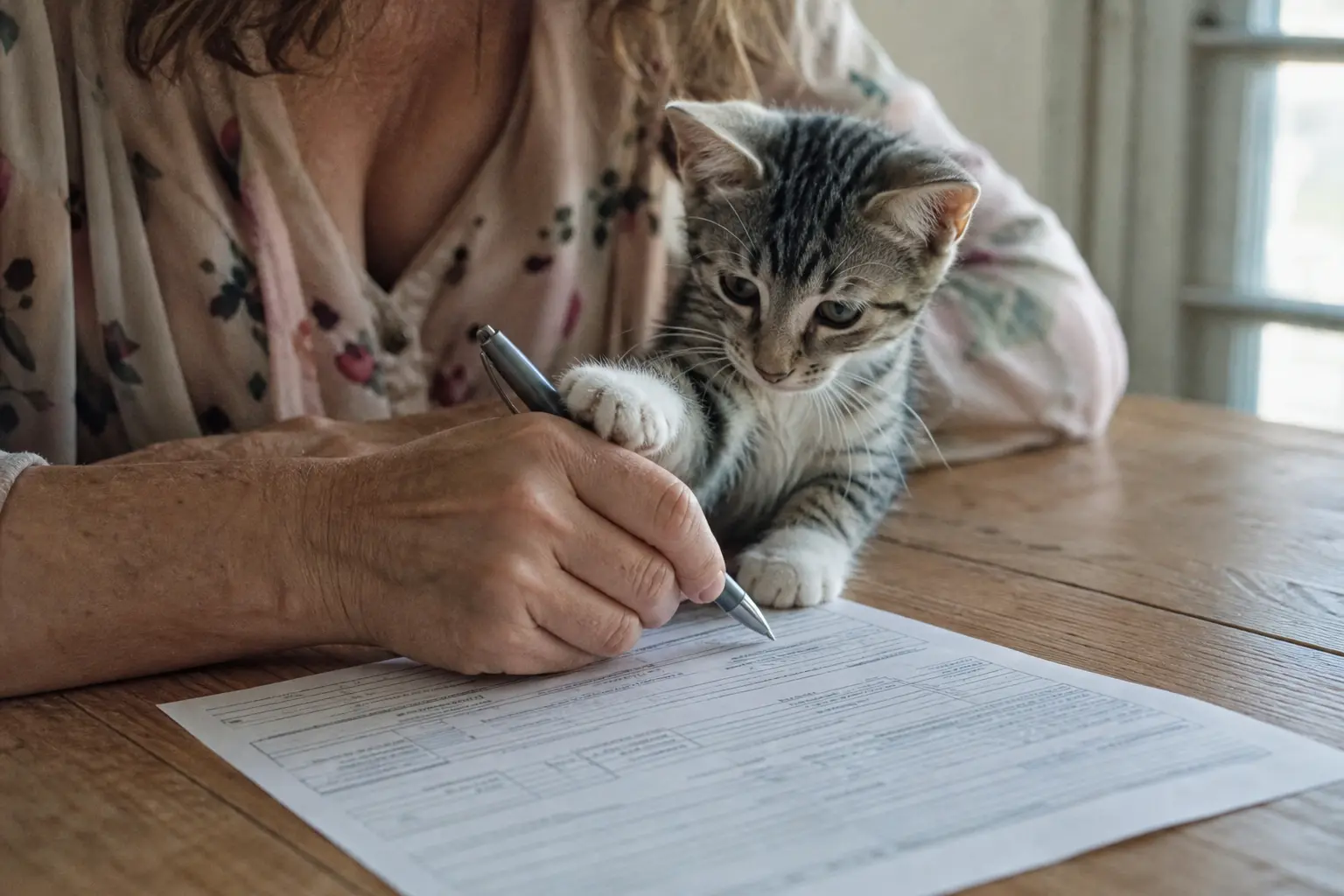 Les mains d'une femme remplissent une feuille de soins vétérinaire pendant qu'un chaton pose la patte sur le stylo