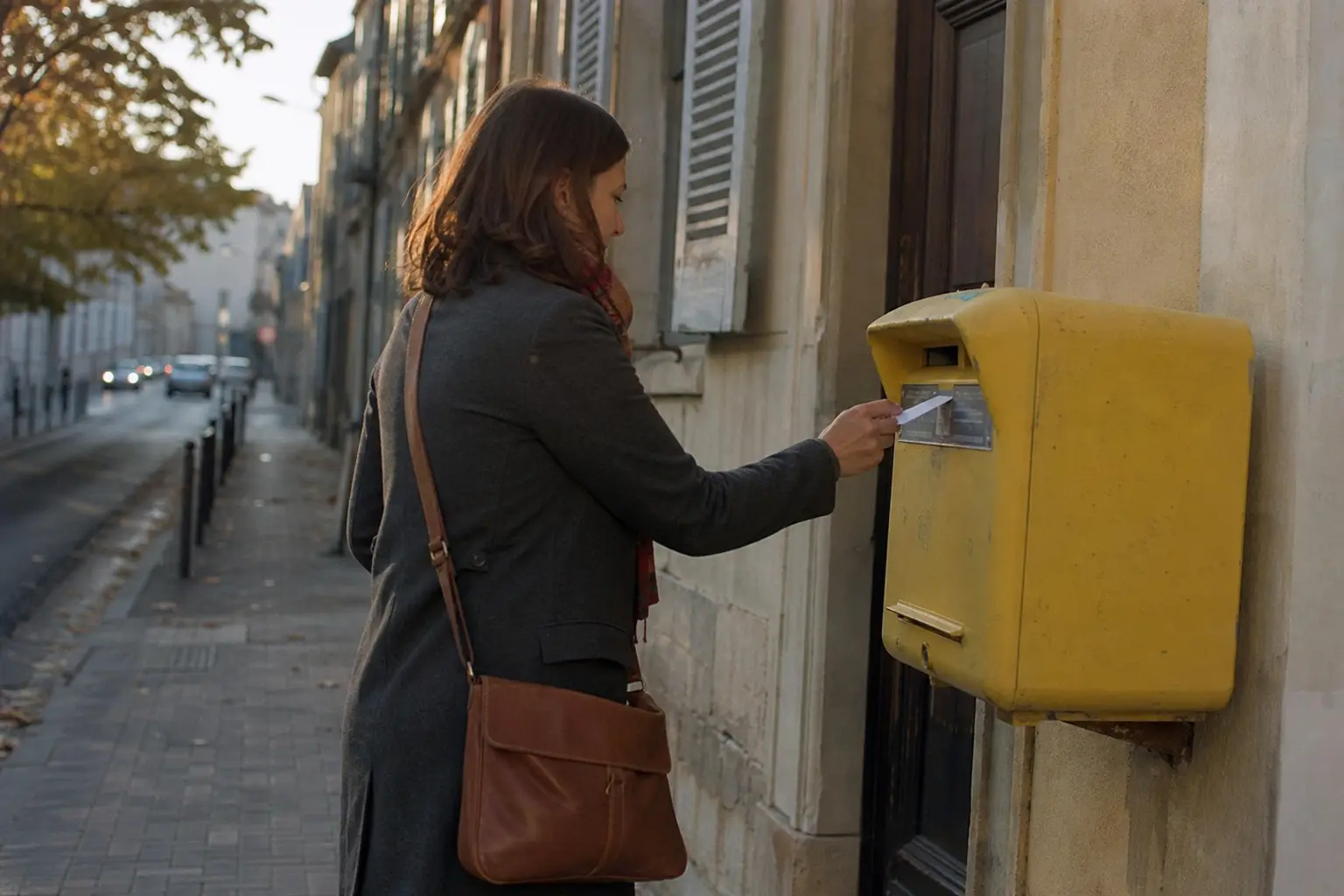 Une femme glisse une lettre dans une boîte aux lettres dans une rue française