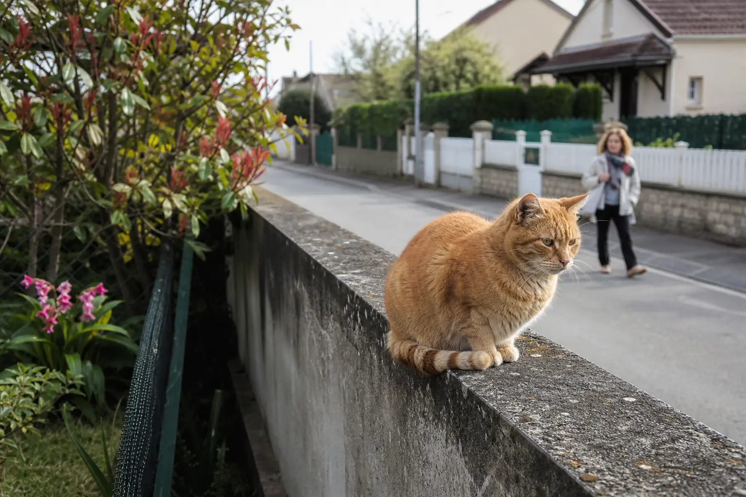 Un chat roux perché sur un muret de jardin dans un lotissement français