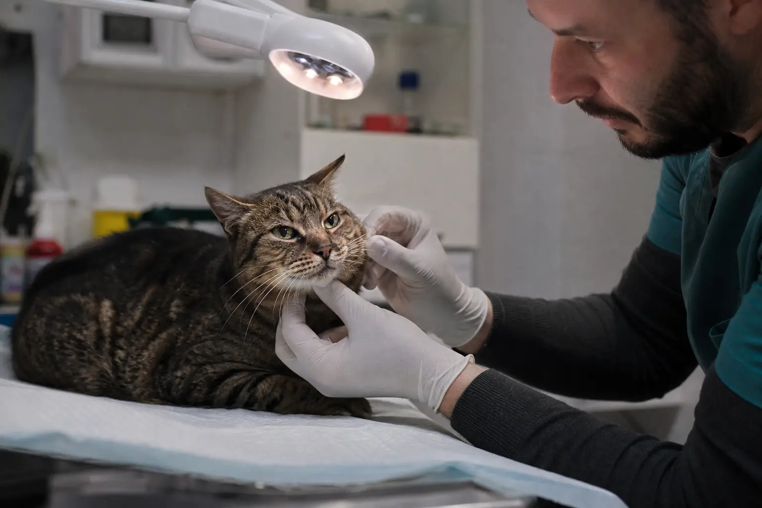 Un chat tigré avec une zone gonflée sur la joue, examiné par un vétérinaire ganté