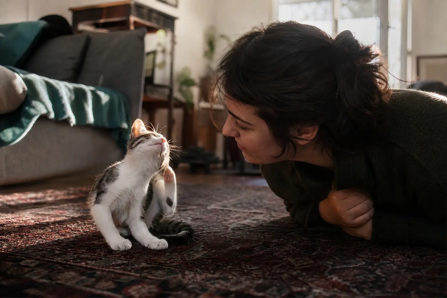 Un chaton se gratte le cou avec la patte arrière sur un tapis pendant qu'une femme l'observe