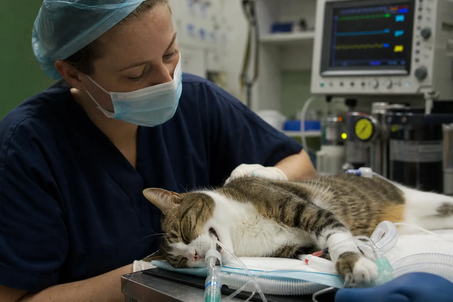 Un chat intubé et endormi sur une table d'opération, moniteur d'anesthésie visible en arrière-plan