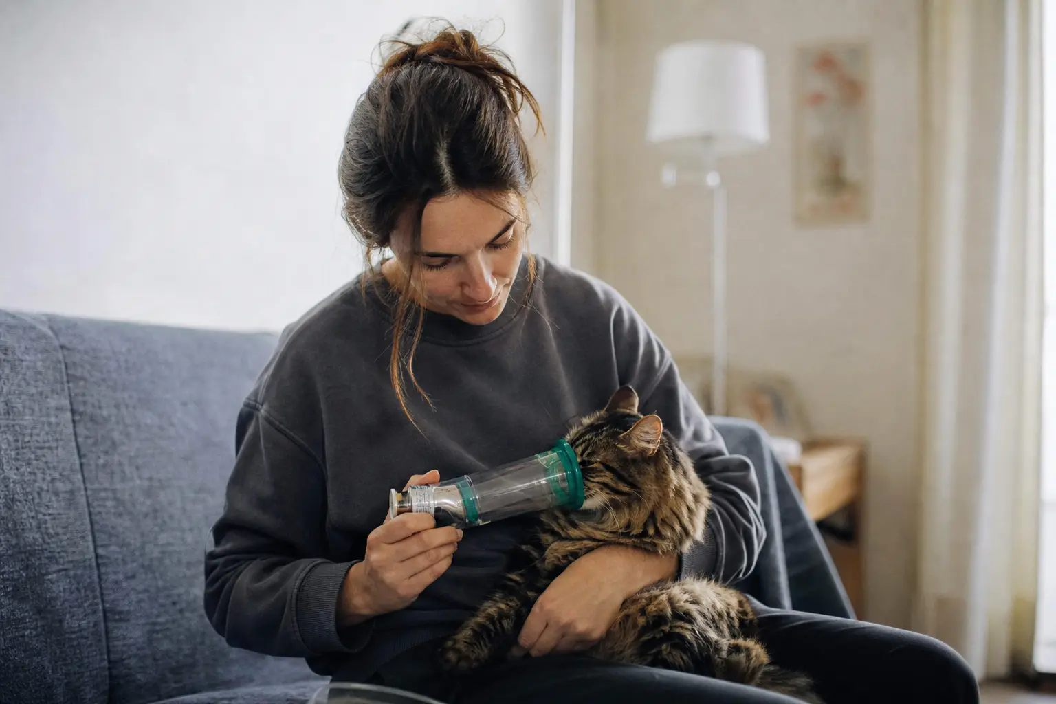 Un chat recevant un traitement par chambre d'inhalation tenue par sa propriétaire assise sur un canapé