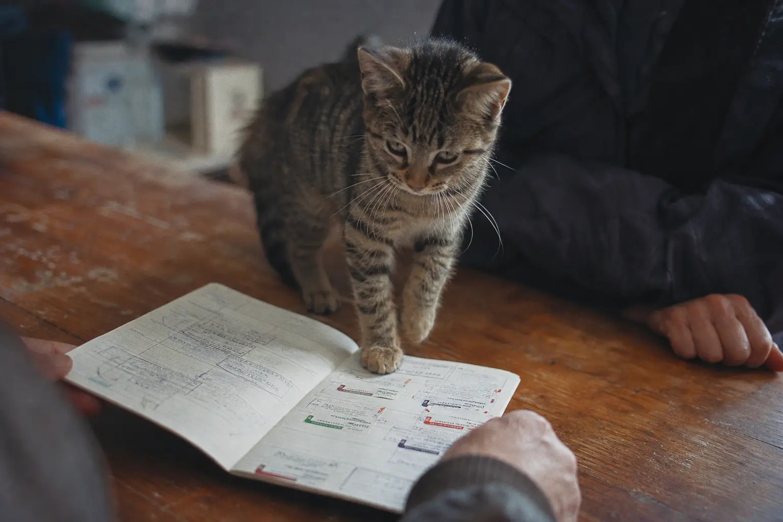 Un carnet de santé vétérinaire ouvert sur une table, un chaton tigré pose la patte dessus