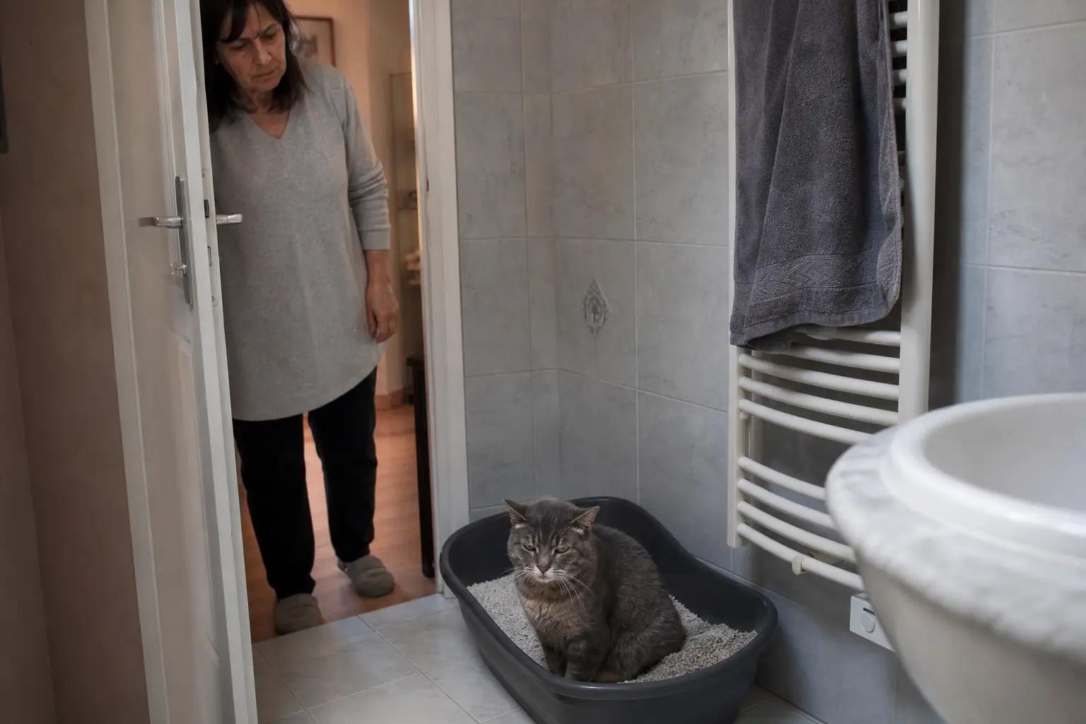 Un chat âgé assis longuement dans une litière propre sous le regard préoccupé de sa propriétaire