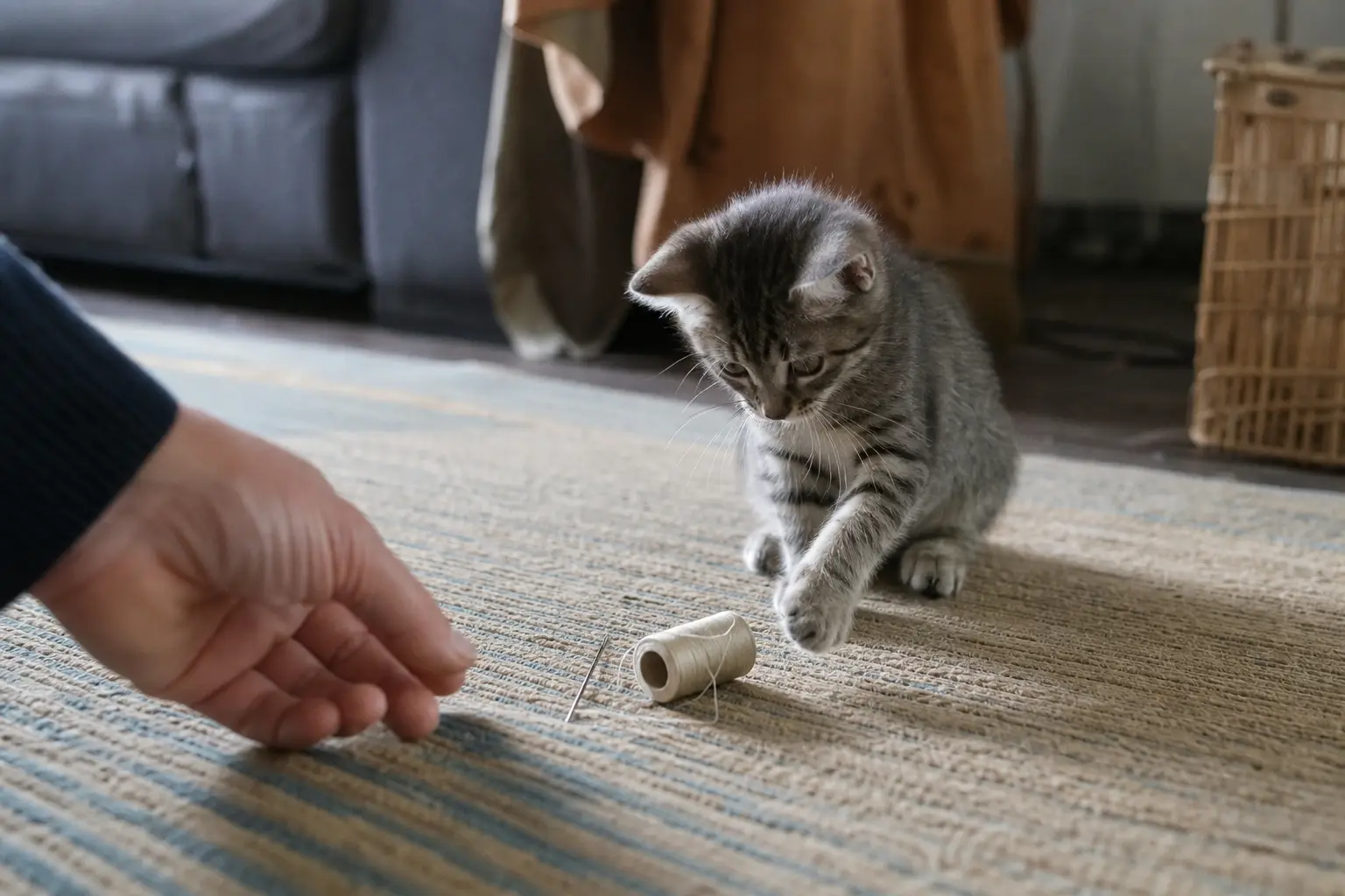 Un chaton joue sur un tapis dans un salon