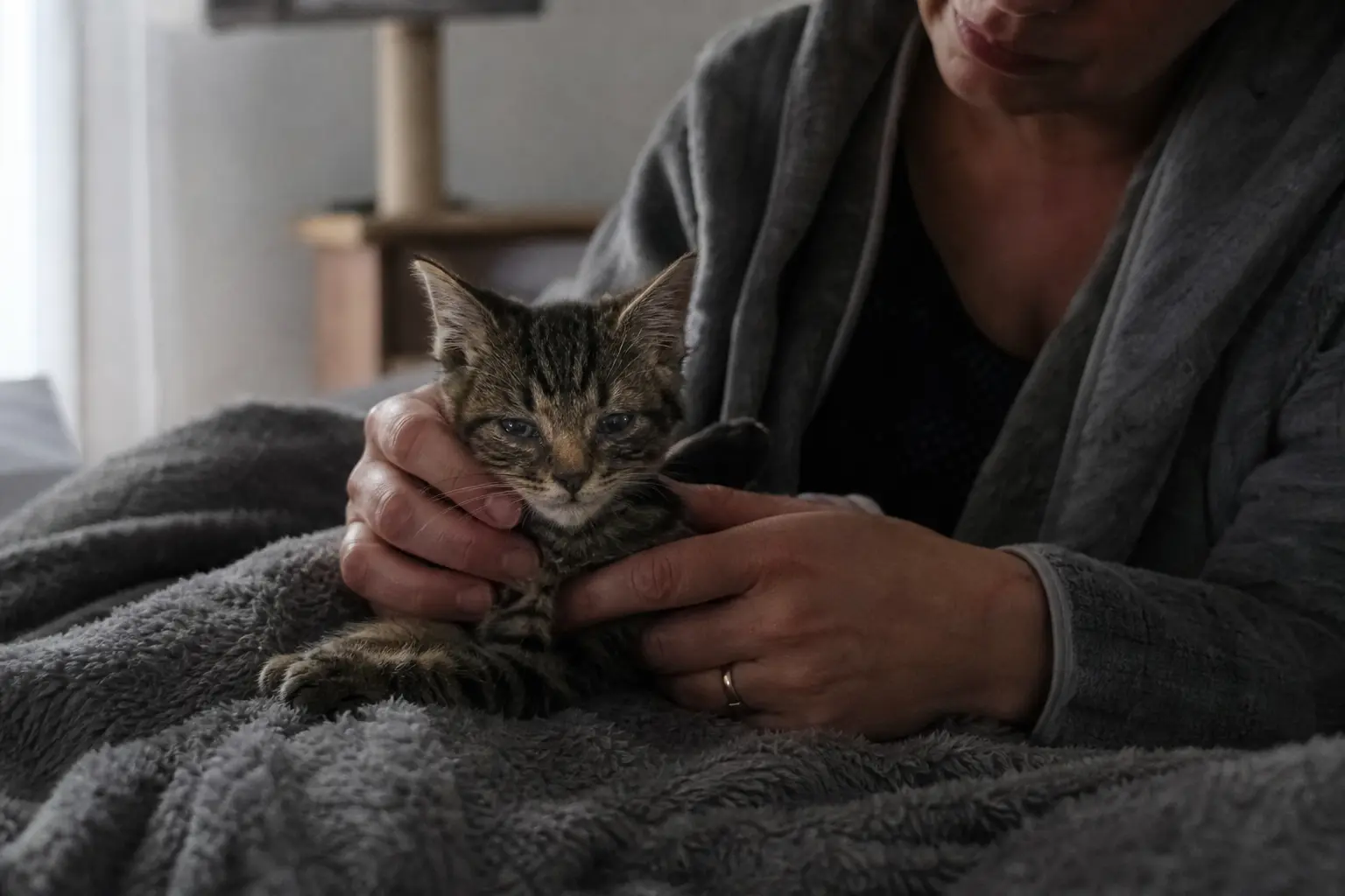 Un chaton tigré aux yeux larmoyants couché sur une couverture, tenu au chaud par sa propriétaire